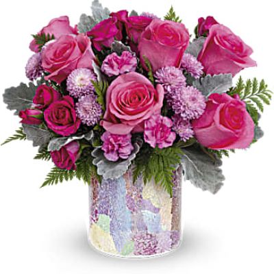 Everything's rosy with Teleflora's Radiantly Rosy Bouquet! Make their day sparkle with this perfect pink rose bouquet and keepsake mosaic glass vase that sparkles in a shimmering soft shade of pink.