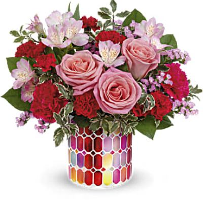 Charmed, I'm sure! Sweep them off their feet with this lovely Valentine's Day bouquet of pink blooms presented in a magnificent mosaic vase of pearlescent stained glass.